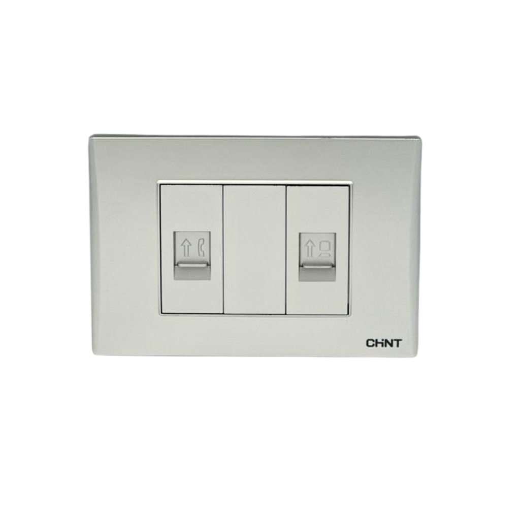 TOMACORRIENTE- TELEFONO RJ11  4 NUCLEOS + TOMA DE DATOS 8 NUCLEOS (CAT5E) PLATA