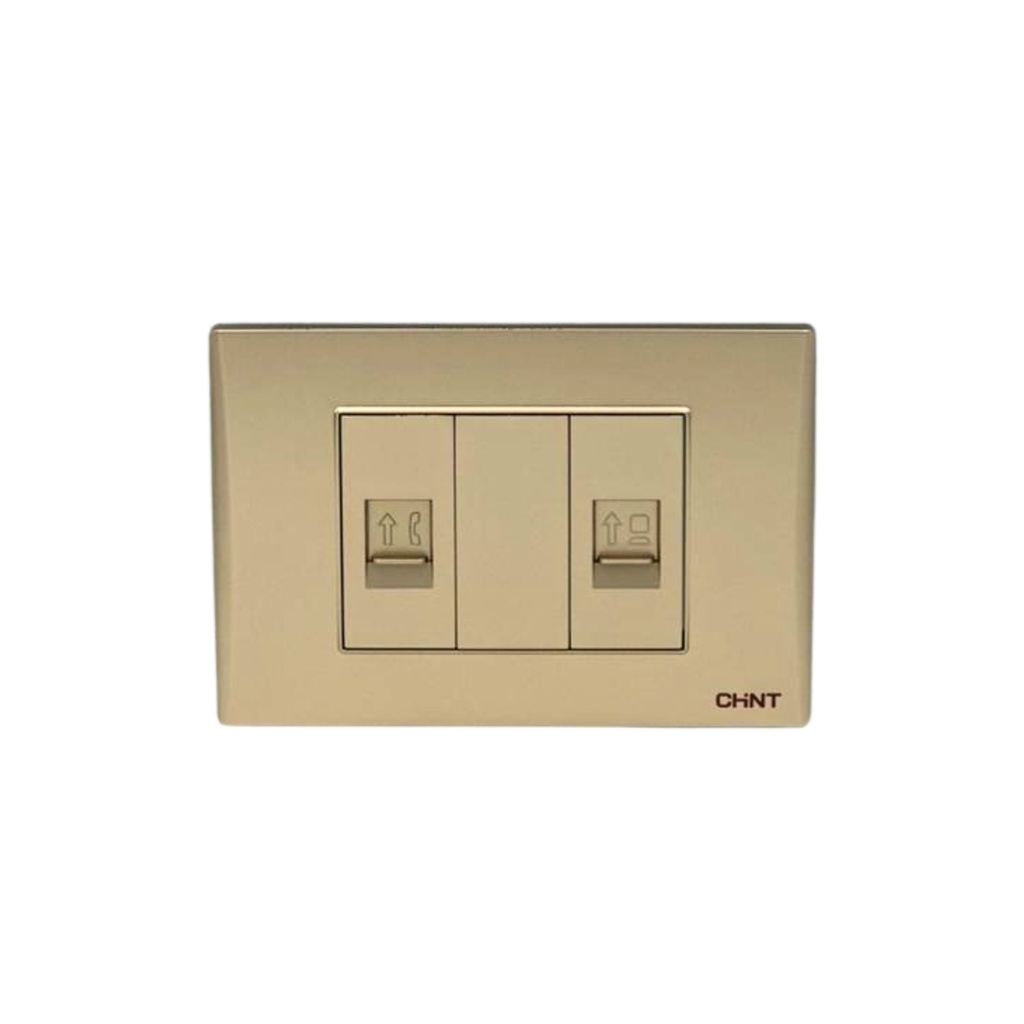 TOMACORRIENTE- TELEFONO RJ11  4 NUCLEOS + TOMA DE DATOS 8 NUCLEOS (CAT5E) CHAMPAGNE