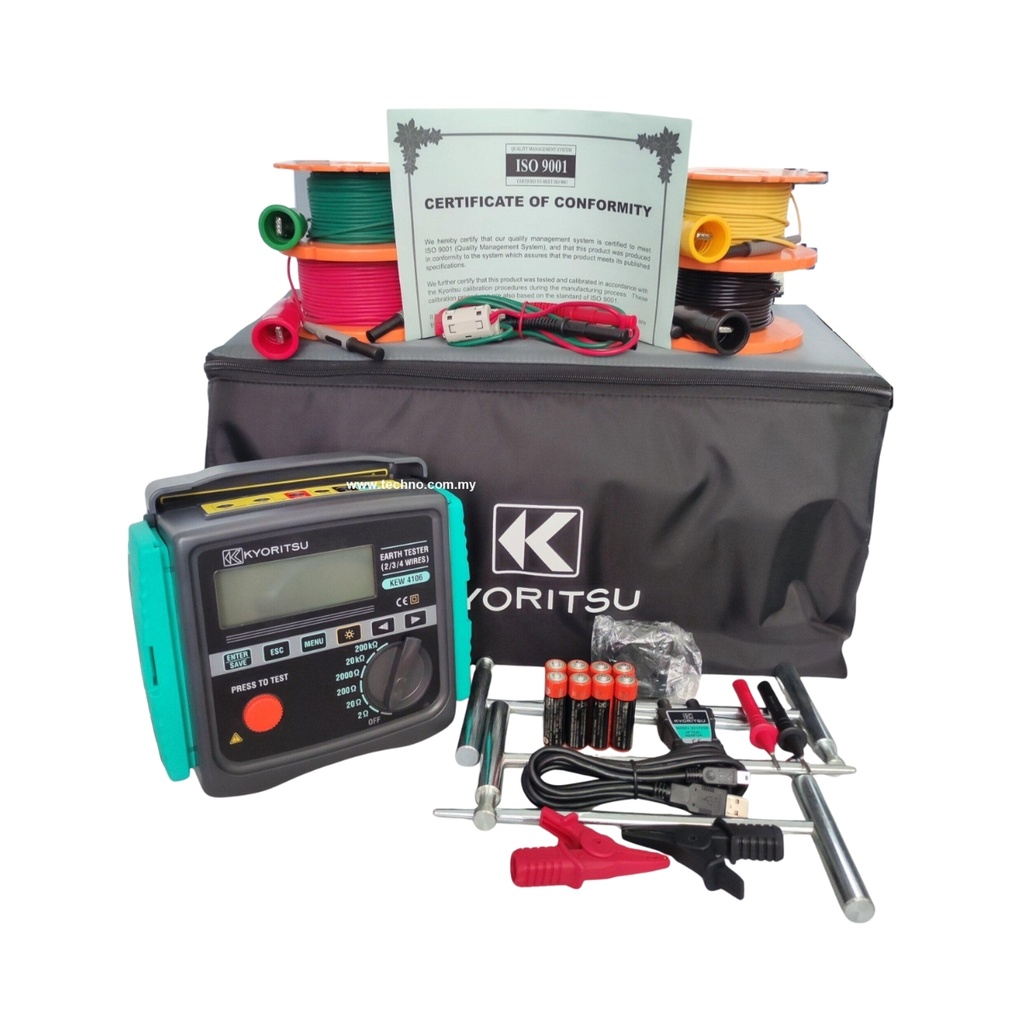 Probador de resistencia y resistividad de tierra 200kΩ, Rh, Rs, 4 cables (R/A/N/V) CAT III 300V