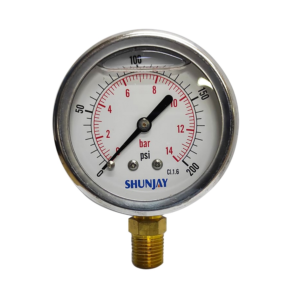 Manometro 14 Bar (200 Psi), Dial 2.5", Acero Inox. - Bronce, Con Conex Inferior 1/4" Npt