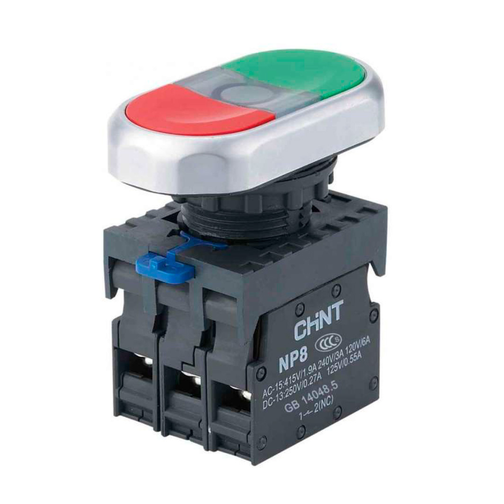 Pulsador  Doble Lumin. Pvc Verde/Rojo Ø22Mm 220Vac C/Led Blanco 1Na+1Nc Circular