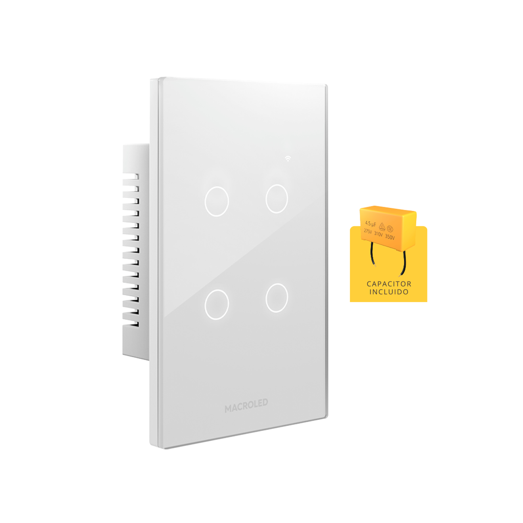 PLACA INTERRUPTOR TACTIL SMART BLANCO 4 CANALES 90-250VAC MAX 10A CON CAPACITOR (NUEVO CODIGO).