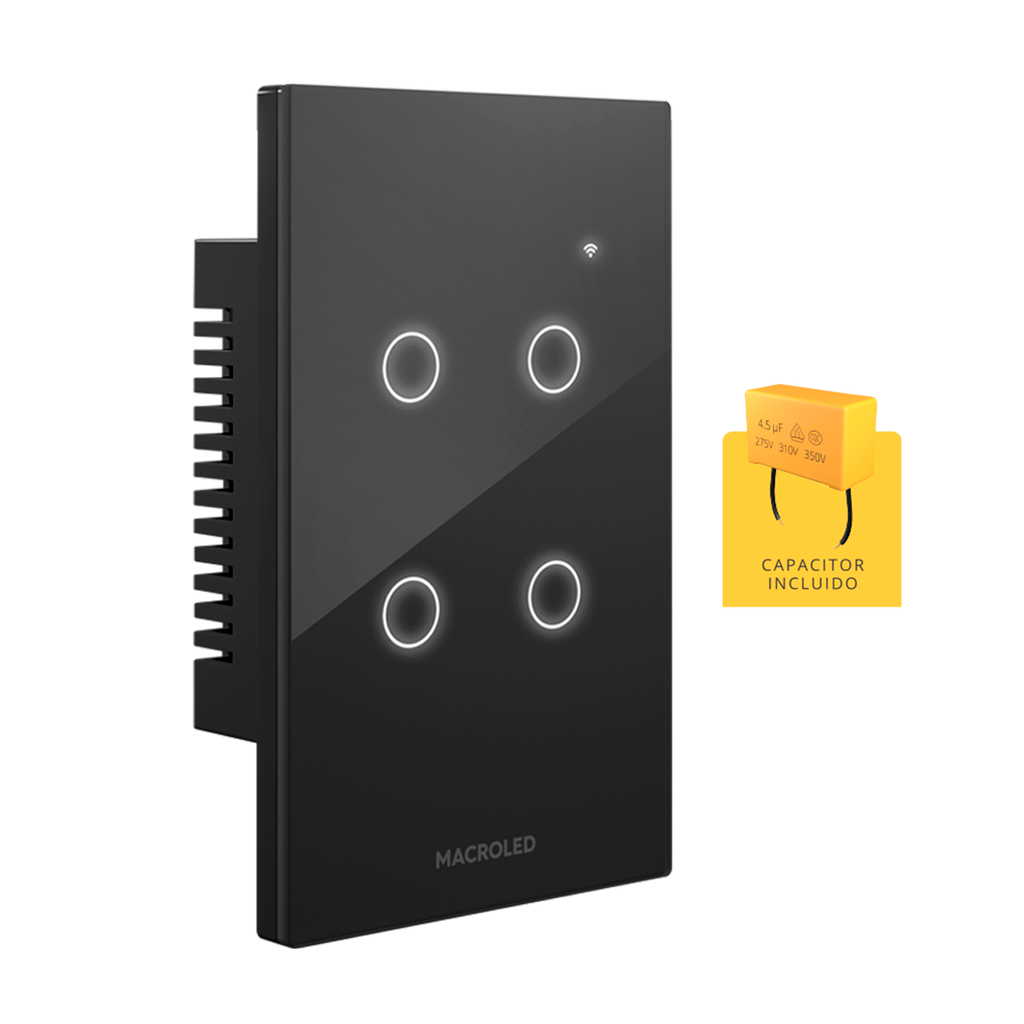 PLACA INTERRUPTOR TACTIL SMART NEGRO 4 CANALES 90-250VAC MAX 10A CON CAPACITOR (NUEVO CODIGO).
