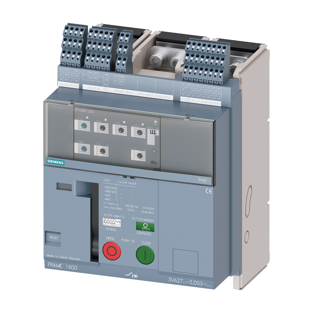 Interruptor Automático 3VA2 3P 400–1000A, 85kA, ETU350 LSI, Fijo con RTC y 4 AUX