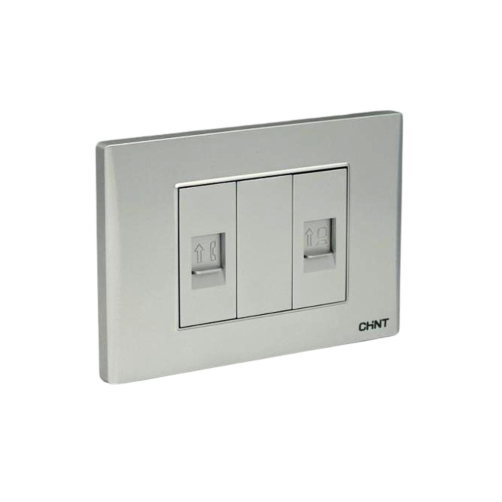 TOMACORRIENTE- TELEFONO RJ11  4 NUCLEOS + TOMA DE DATOS 8 NUCLEOS (CAT5E) PLATA