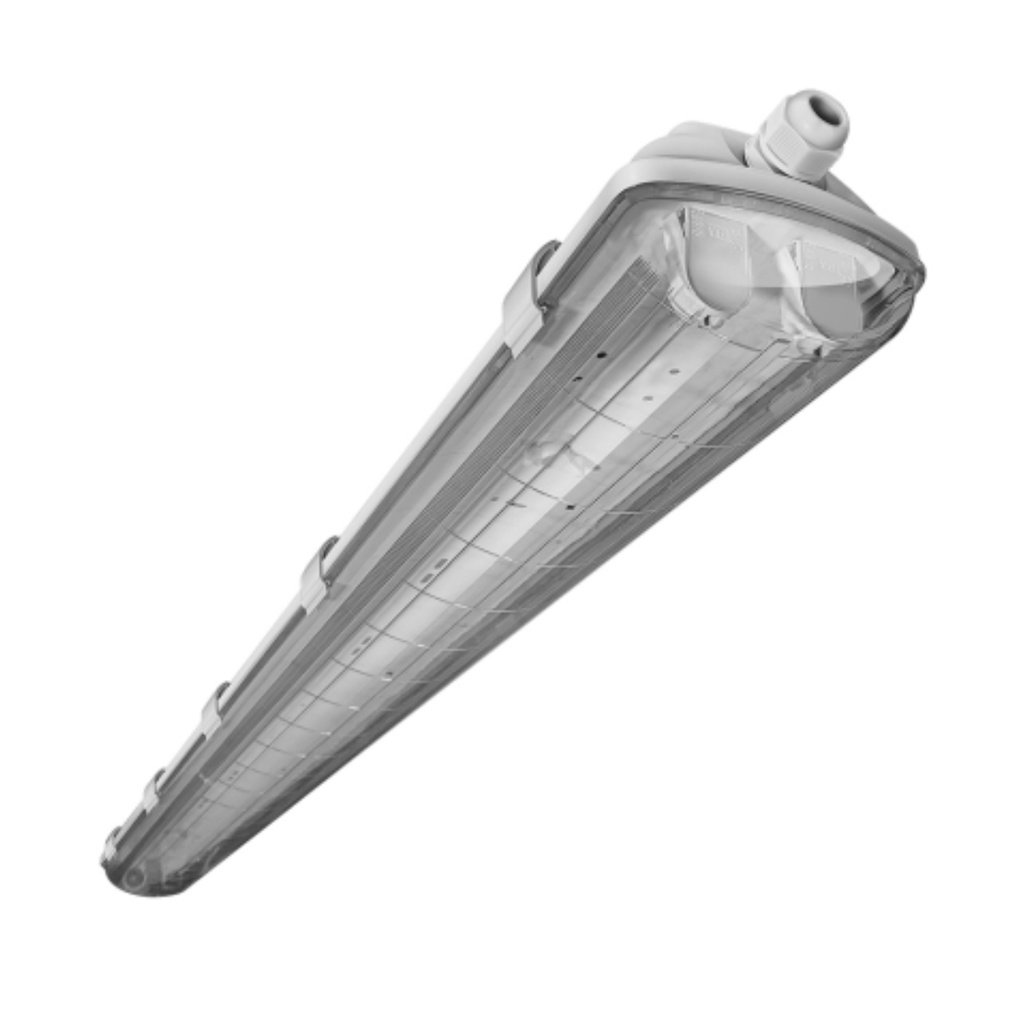 CARCASA HERMÉTICA PARA 2 TUBOS (FLUORESCENTE) LED T8 18W 120CM, CUERPO ABS, DIFUSOR PS, CONEXION A UNA PUNTA